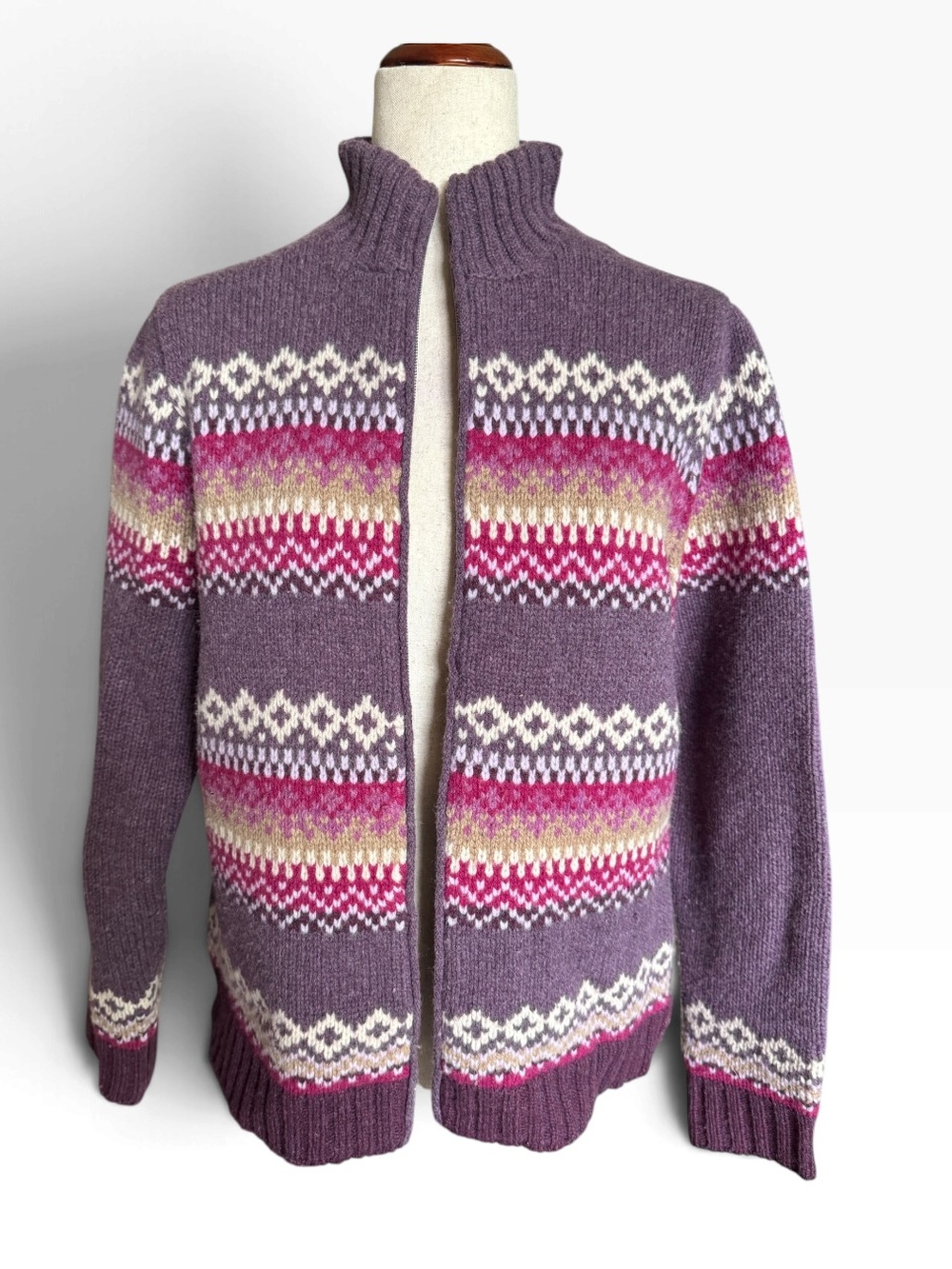 Eddie Bauer Purple Fair Isle Zip Cardigan with Pink & Cream Accents